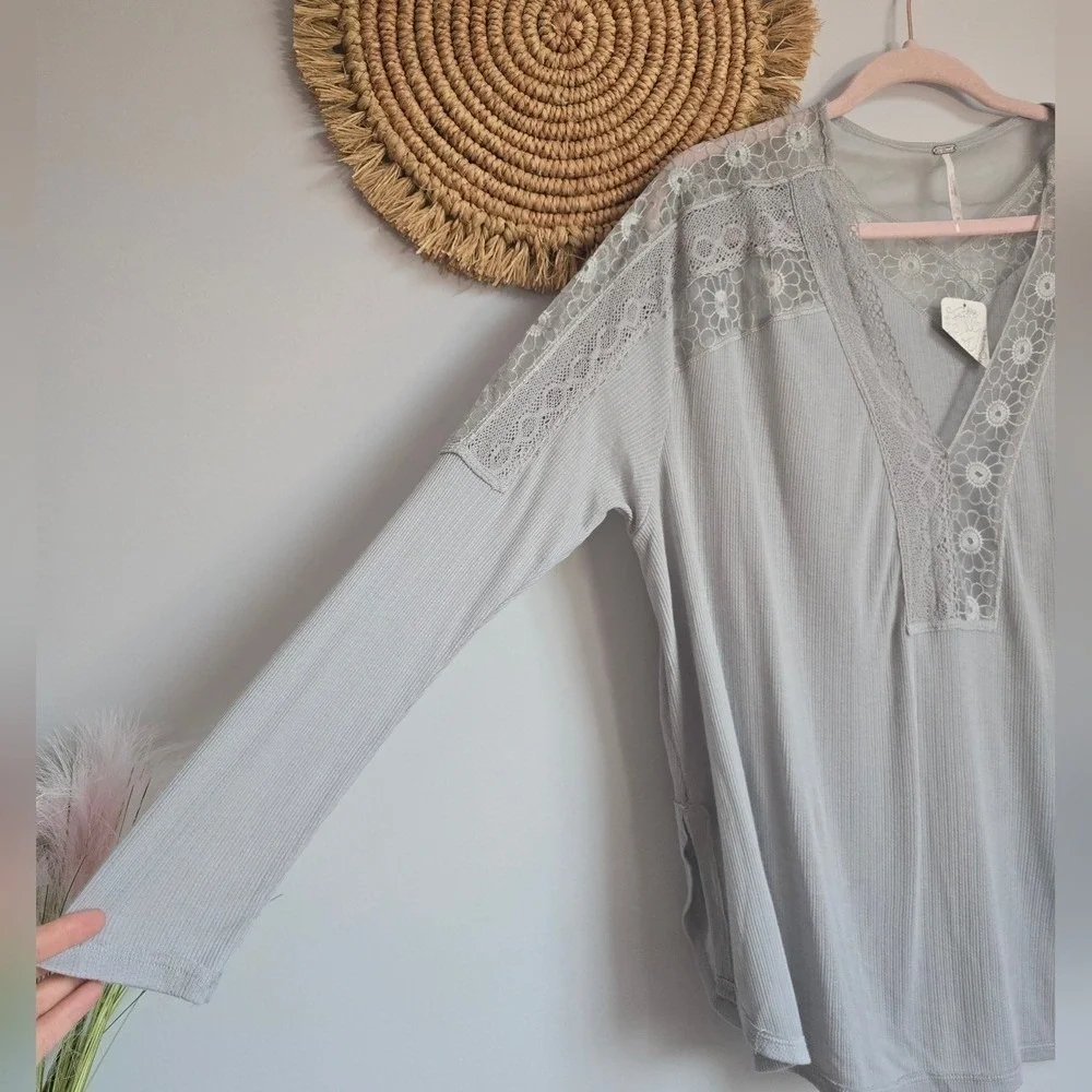 Free People NEW Lola Slate Lace Thermal Oversized Long Sleeve Top SZ Medium Boho